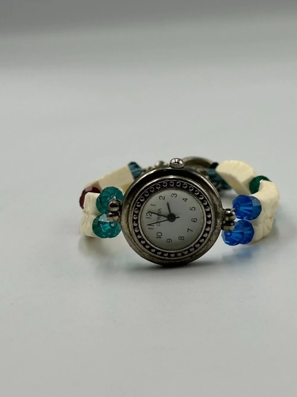 Geneva Watch Women Silver Tone White Carved Beaded Band Toggle Clasp 7.25 Inch